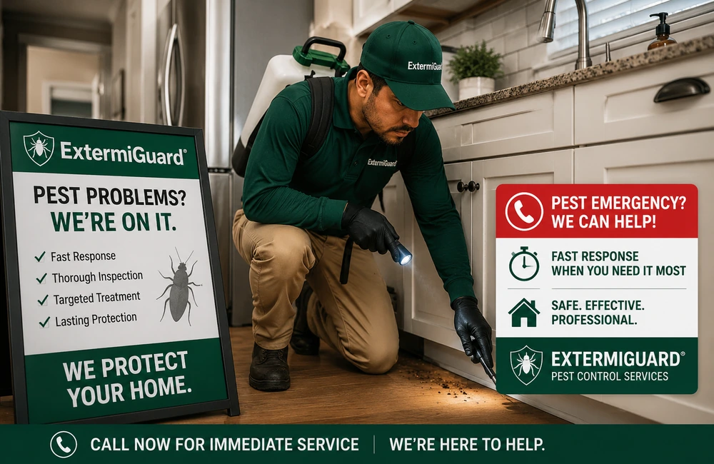 Pest control technician inspecting exterior entry points for urgent pest activity at a property