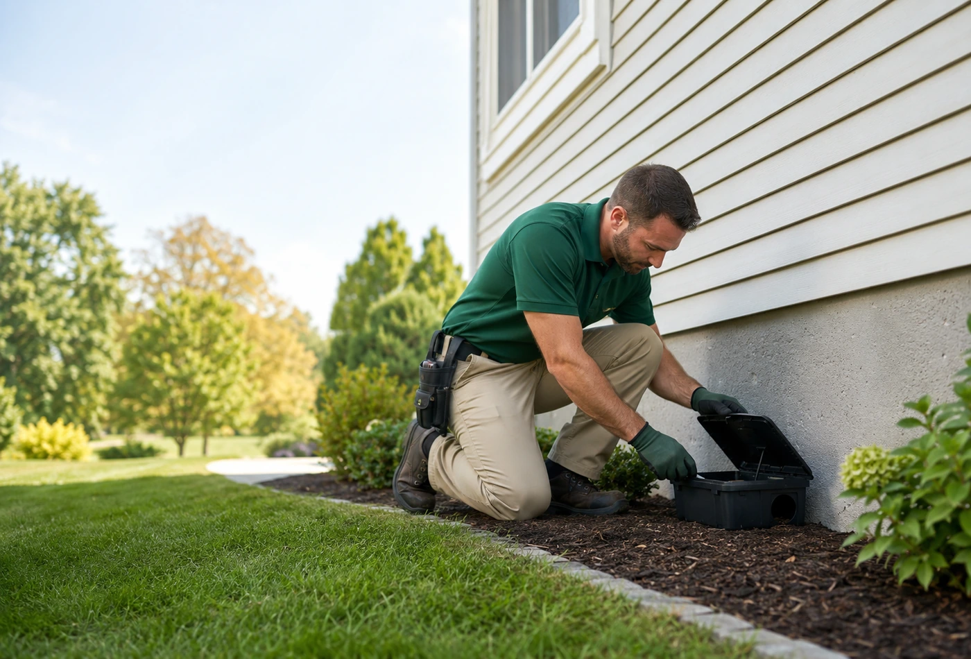 Pest control technician servicing an exterior bait station for a ZIP code pest control search
