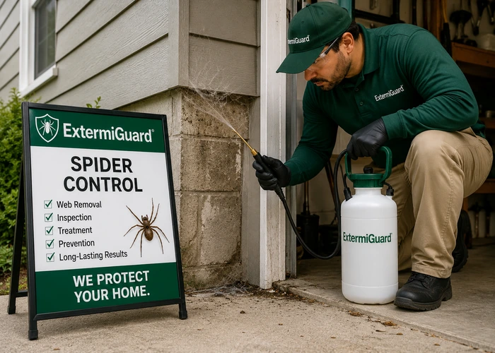 Spider control near me search for basements garages webs corners and exterior lights